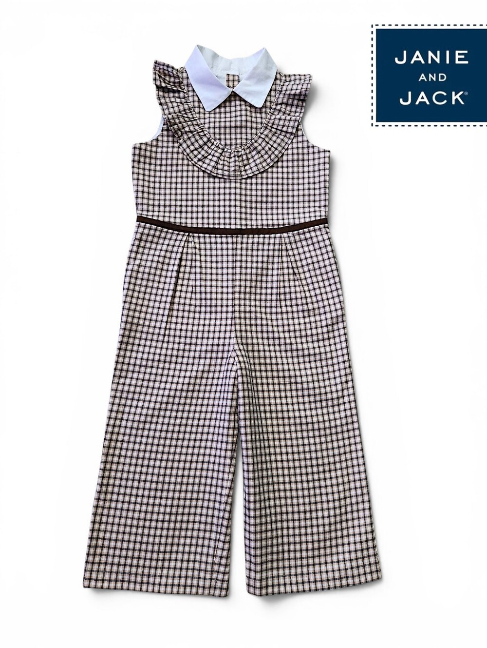 Janie and Jack Little Girls Size 5 Brown Houndstooth Jumpsuit Peter Pan Collar